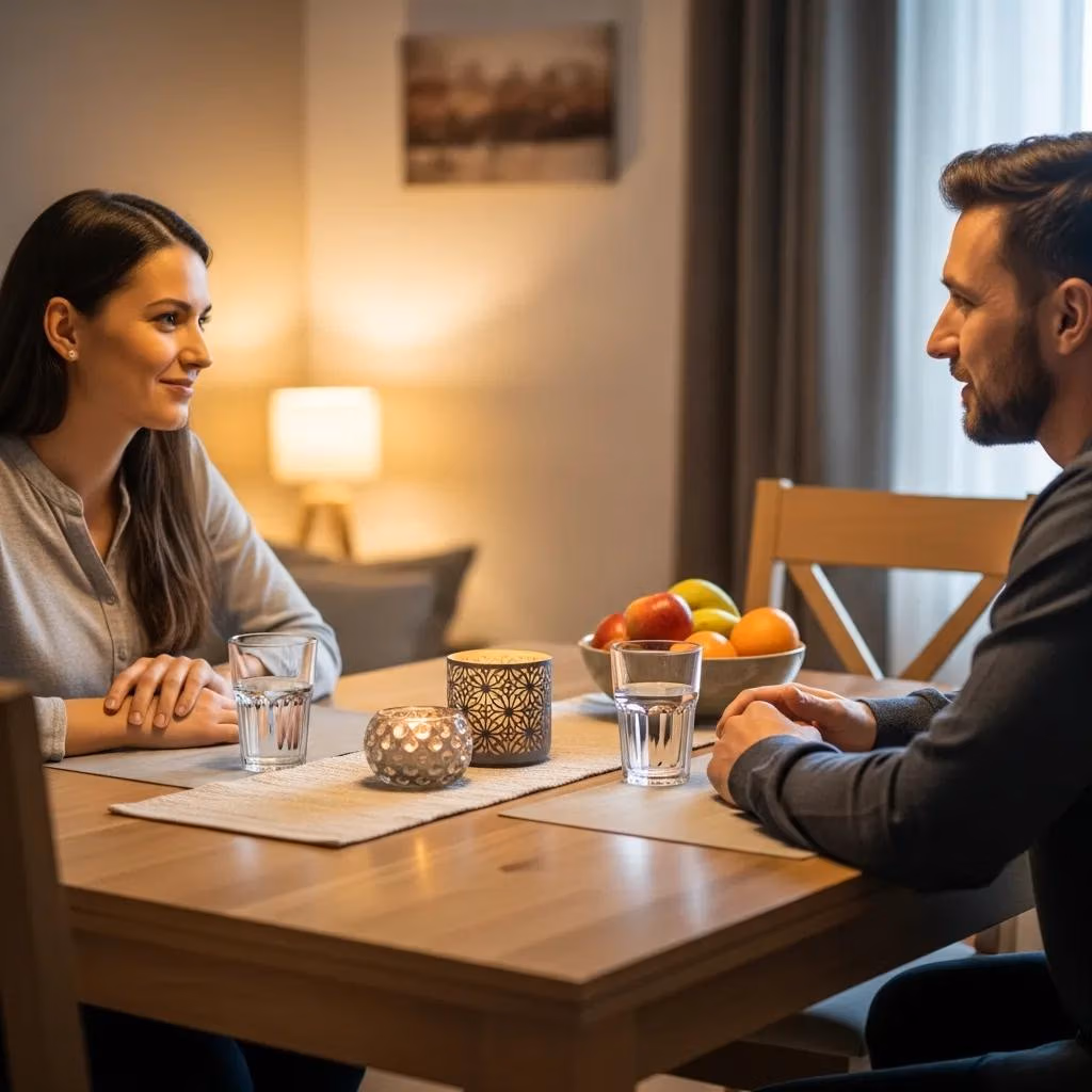 Couple discussing differences at a dining table, representing conflict resolution strategies