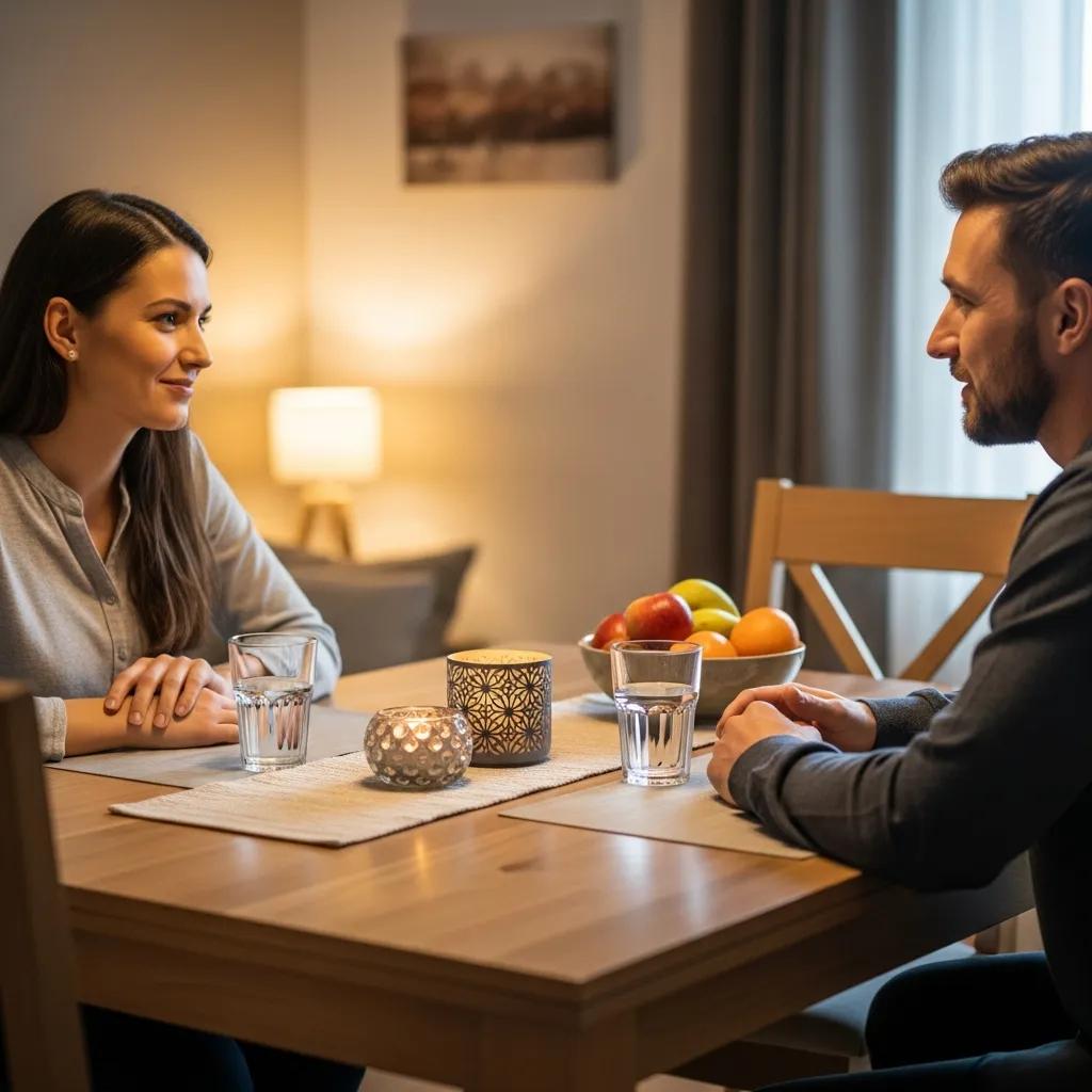 Couple discussing differences at a dining table, representing conflict resolution strategies