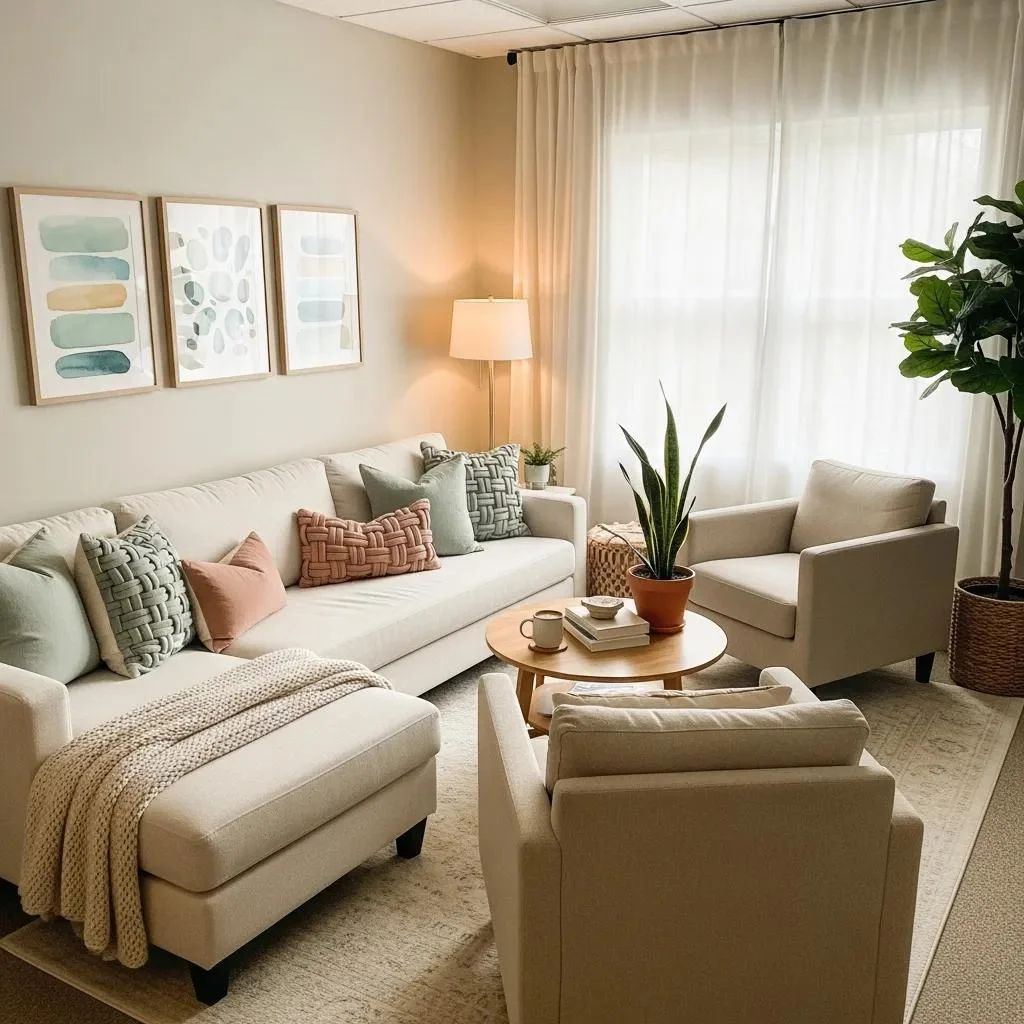 Calm therapy room designed for trauma recovery, featuring comfortable seating, soothing decor, and natural light.