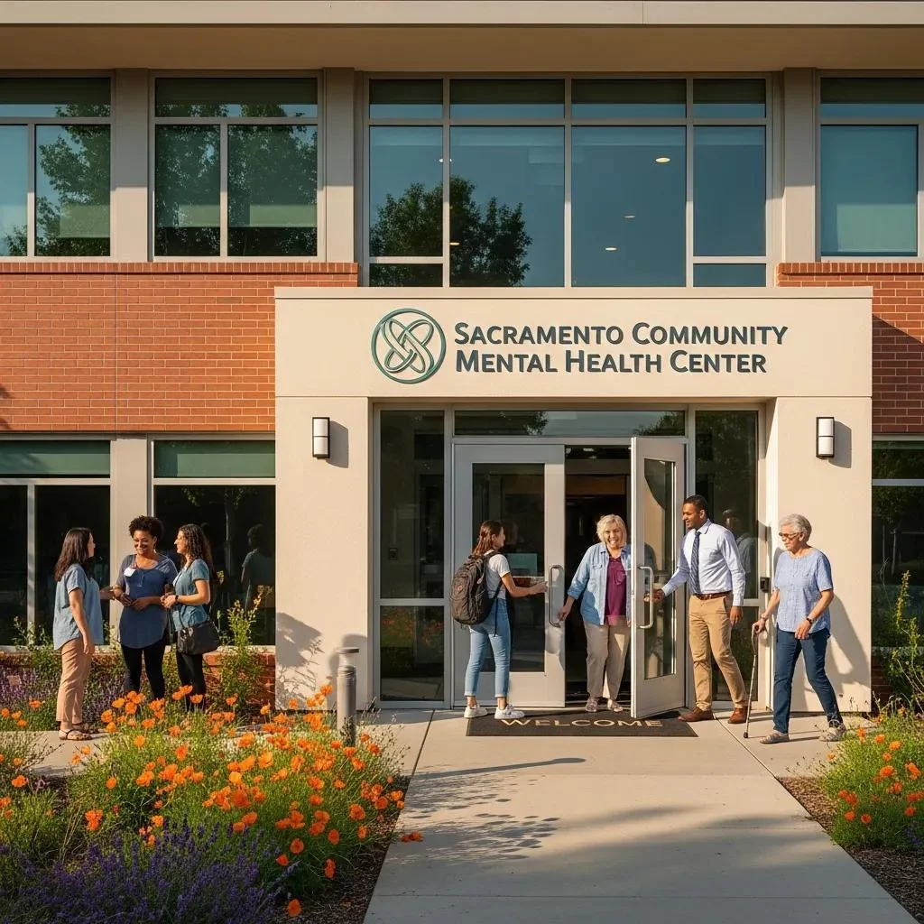 Sacramento Community Mental Health Center entrance with diverse individuals welcoming a client, emphasizing accessibility and community support for mental health services in Sacramento.