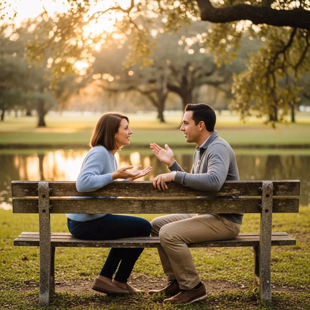 Couple practicing conflict resolution techniques in a serene outdoor setting