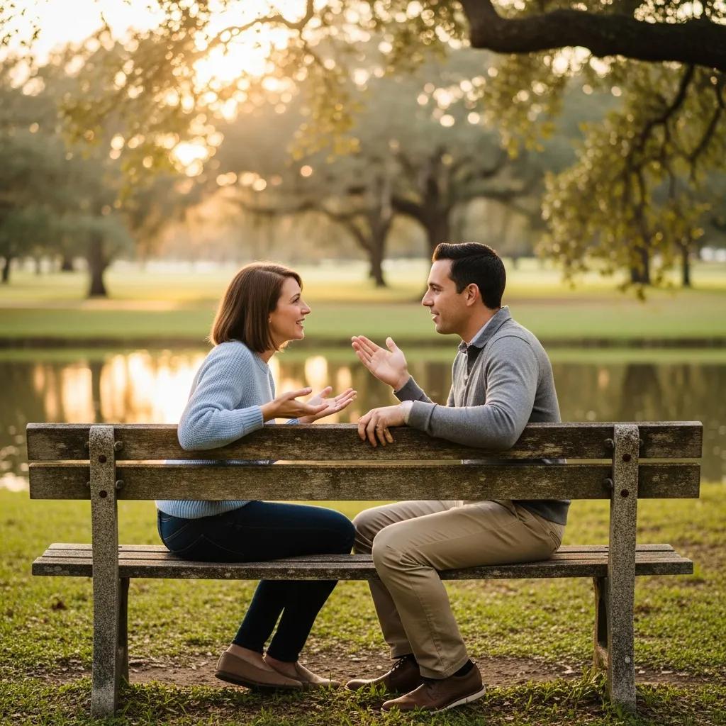 Couple engaged in a discussion on a bench in a serene outdoor setting, practicing conflict resolution techniques and improving communication skills.
