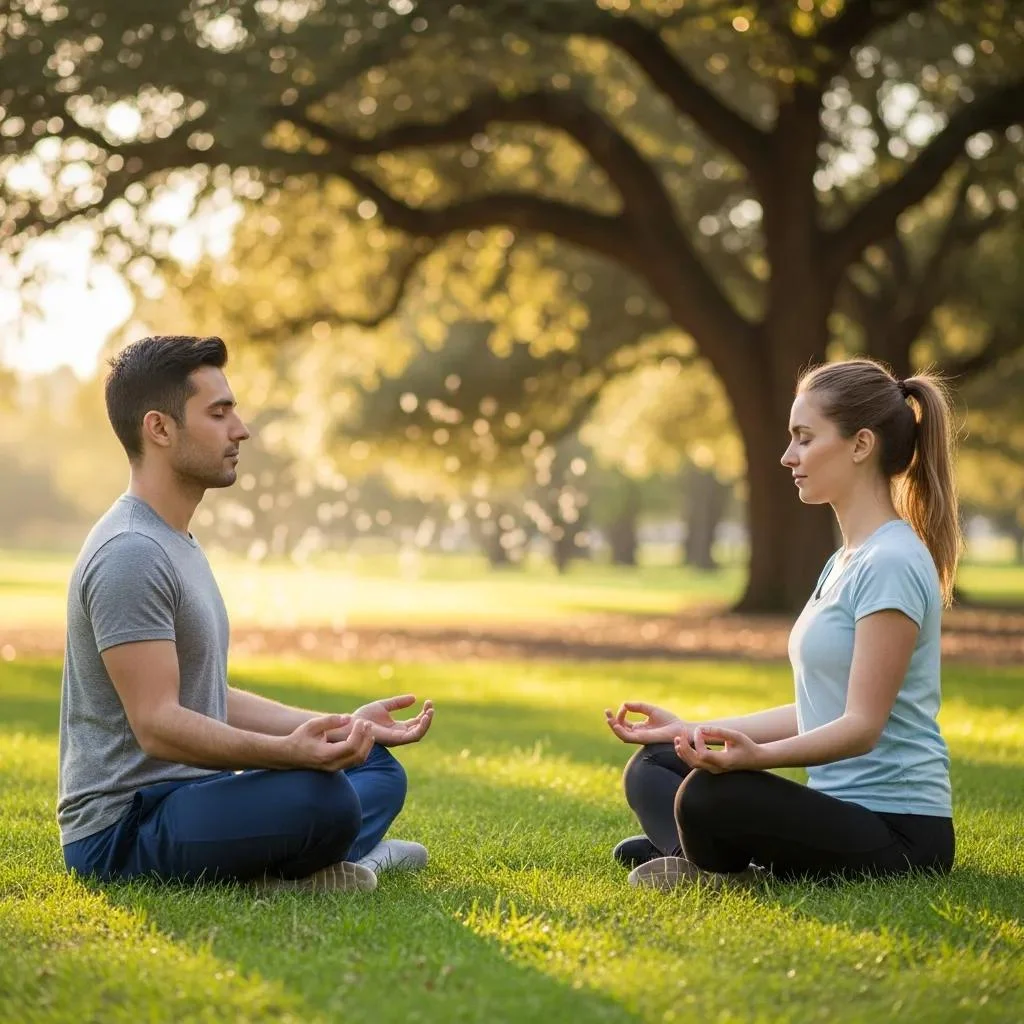 Couple practicing mindfulness exercises in a serene park setting, enhancing emotional regulation during therapy sessions.