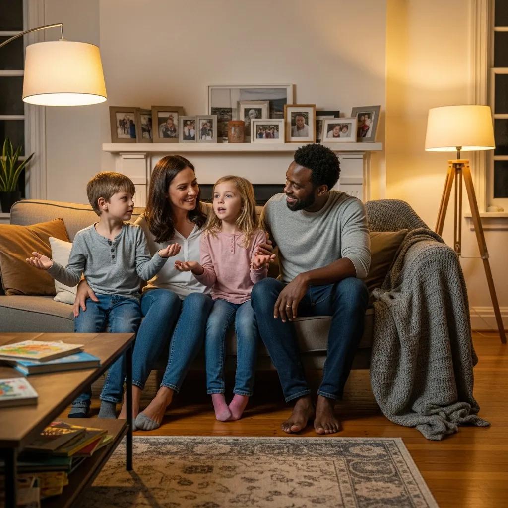 Family engaging in positive communication while discussing effective parenting strategies in a cozy living room setting.