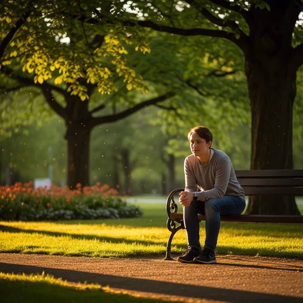 Person in a peaceful park setting, representing calmness and understanding of anxiety disorders