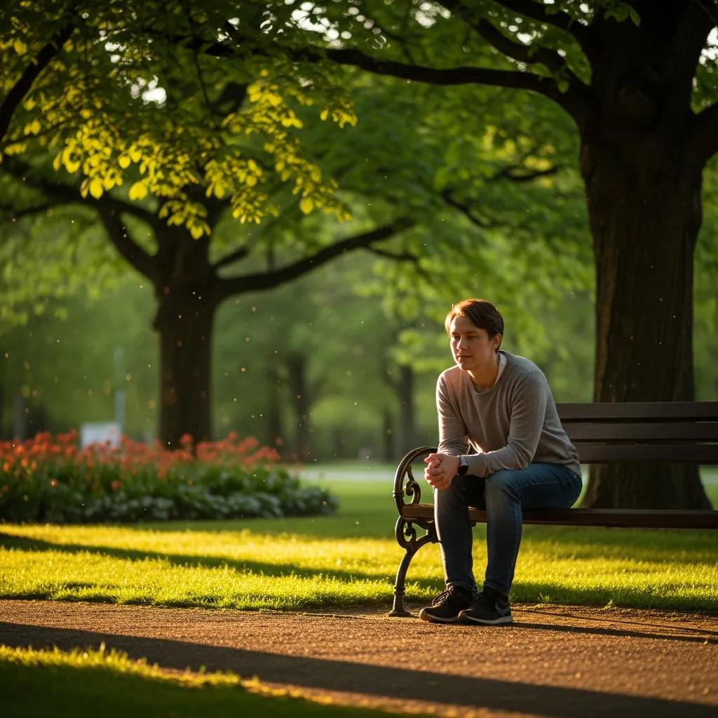 Person sitting on a bench in a peaceful park setting, reflecting calmness and understanding, symbolizing support for anxiety disorders in Sacramento.
