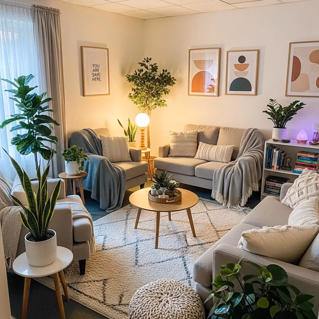 Therapy room designed for mental health support with calming decor and comfortable seating