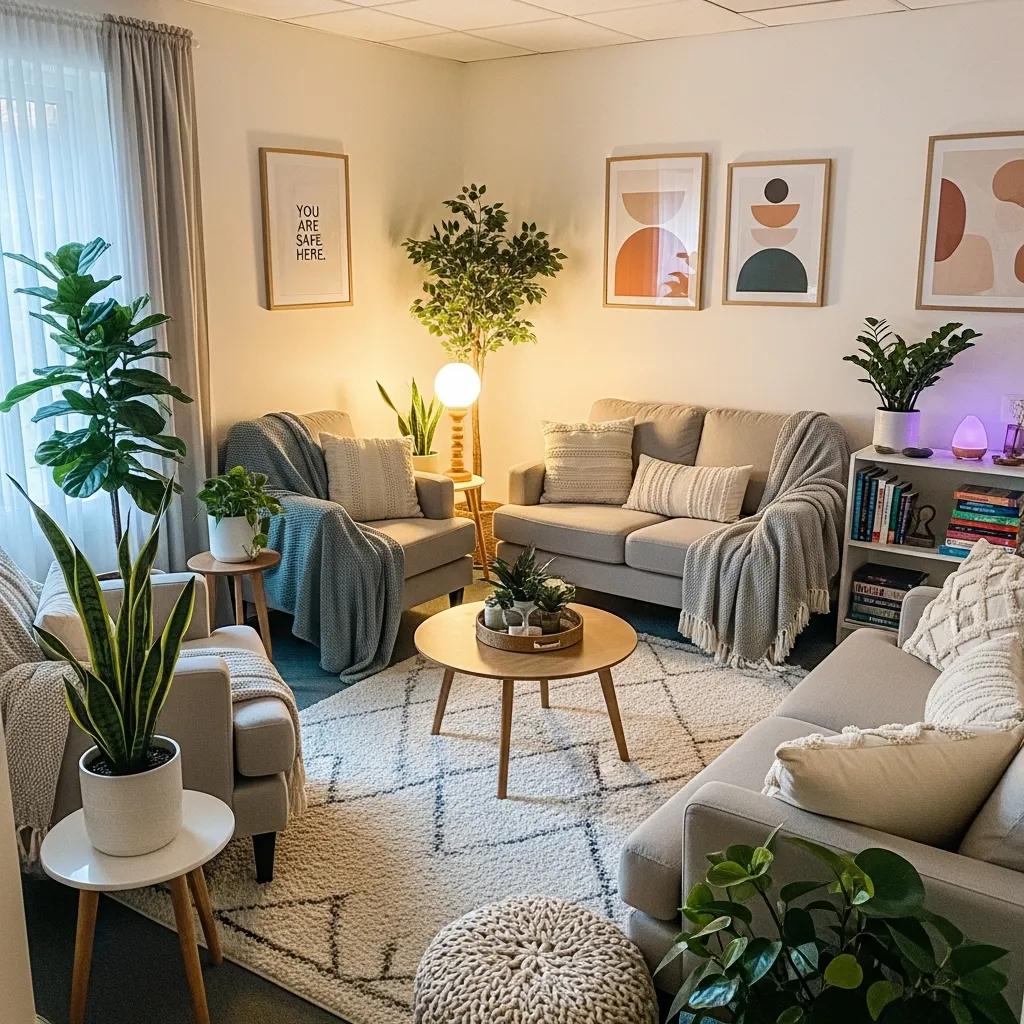 Therapy room designed for mental health support, featuring calming decor, comfortable seating, plants, and a warm atmosphere, promoting healing and personal growth.