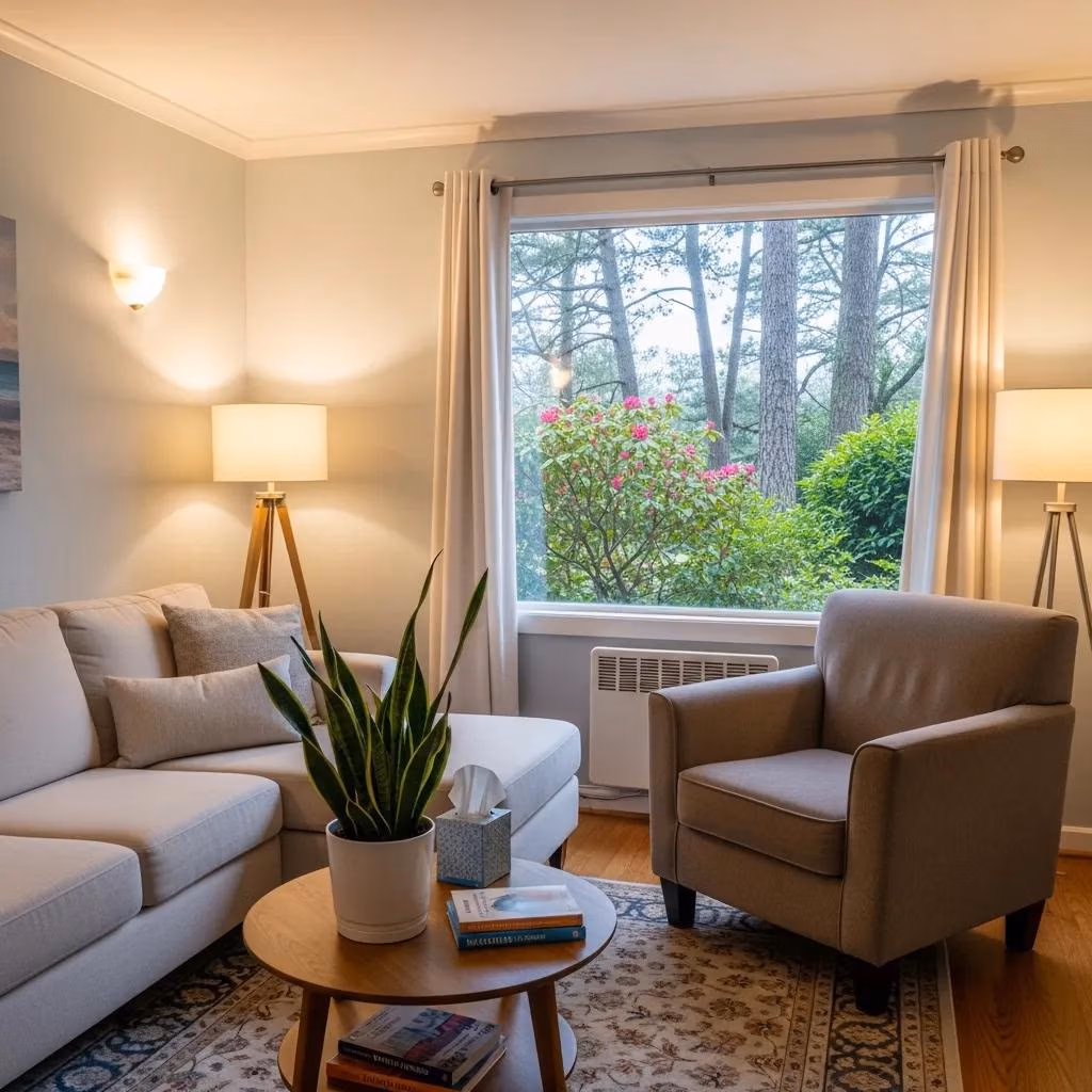 Therapy room with comfortable seating and calming decor, representing cognitive behavioral therapy for mental health