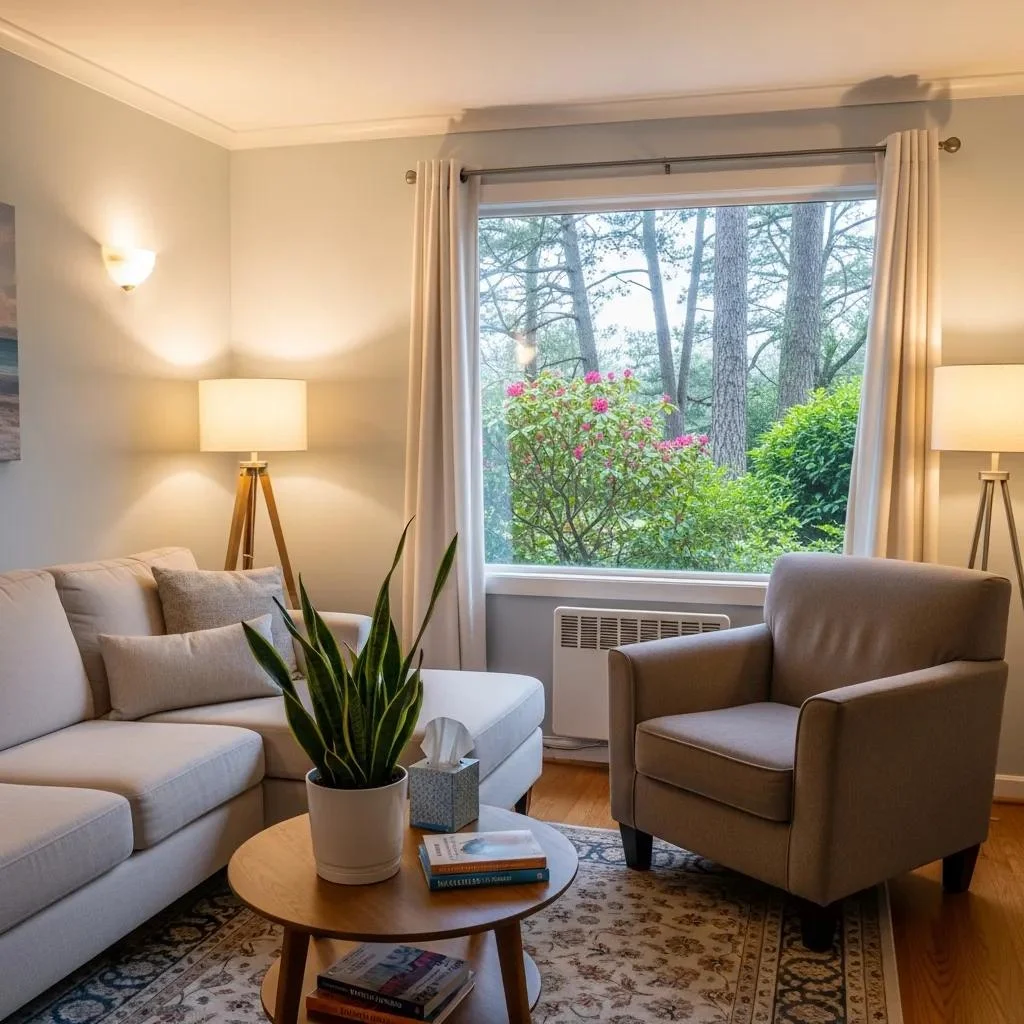 Therapy room with comfortable seating, calming decor, and natural light, representing cognitive behavioral therapy (CBT) for mental health support in Sacramento.