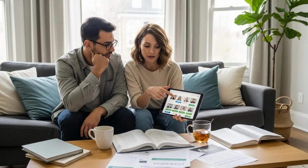 Couple discussing therapy options while reviewing therapist profiles on a tablet, surrounded by books and a cup of tea, in a cozy living room setting.