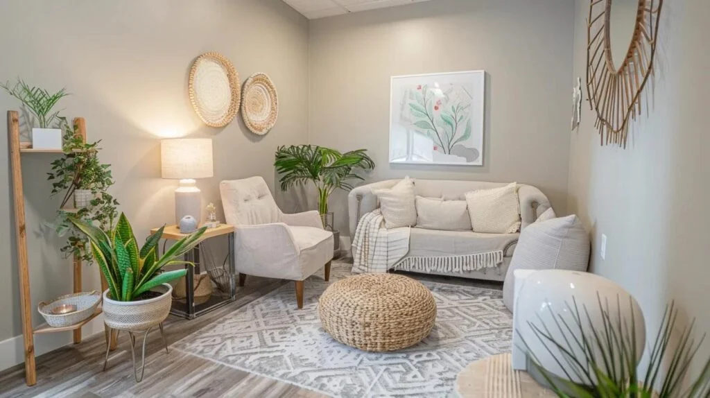 Therapy room with comfortable seating and calming decor for mental health support