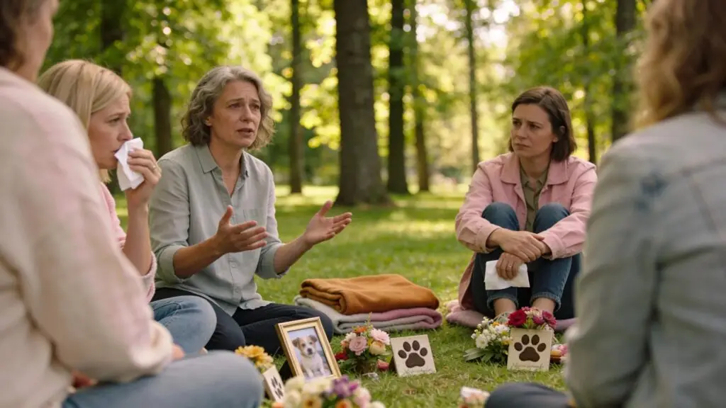 Support group for grieving pet owners sharing experiences in a peaceful park, fostering community and healing.