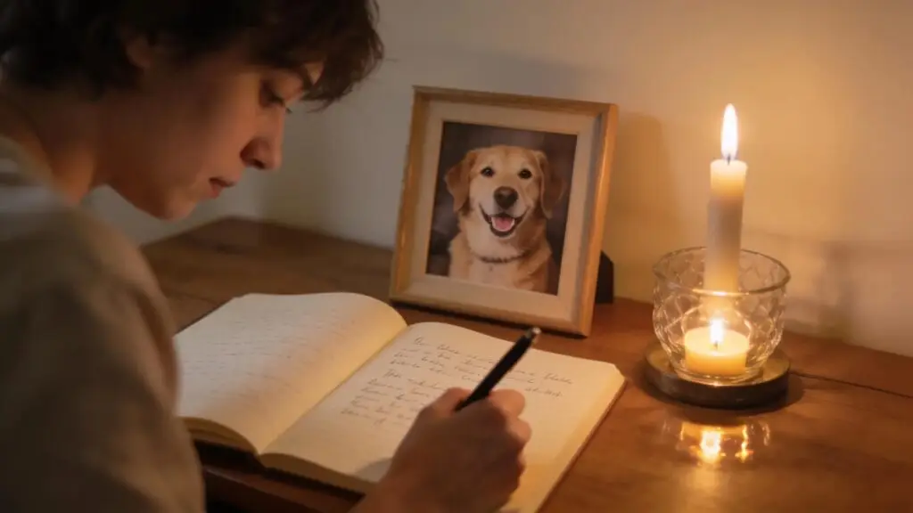 Individual journaling about pet loss in a calming space, highlighting the emotional journey of grief and memorialization.