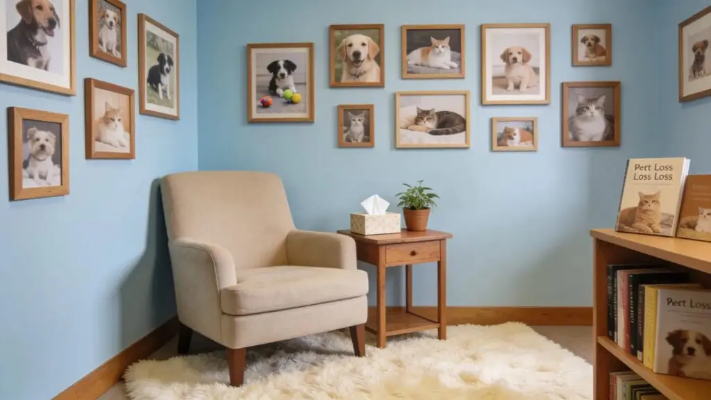 Comforting pet grief counseling space with soft lighting and pet photos, emphasizing support and compassion.