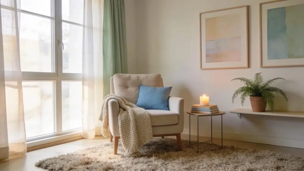 Comfortable therapy room reflecting a calming environment for anxiety counseling
